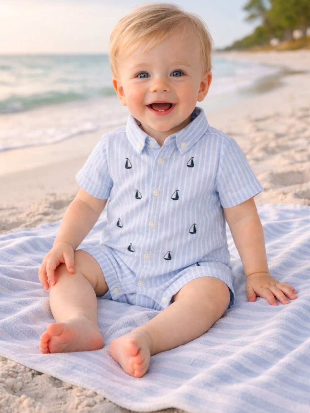 NWT Little Me Baby Boy Sailboat Romper 12 Months Blue White Striped Short Sleeve